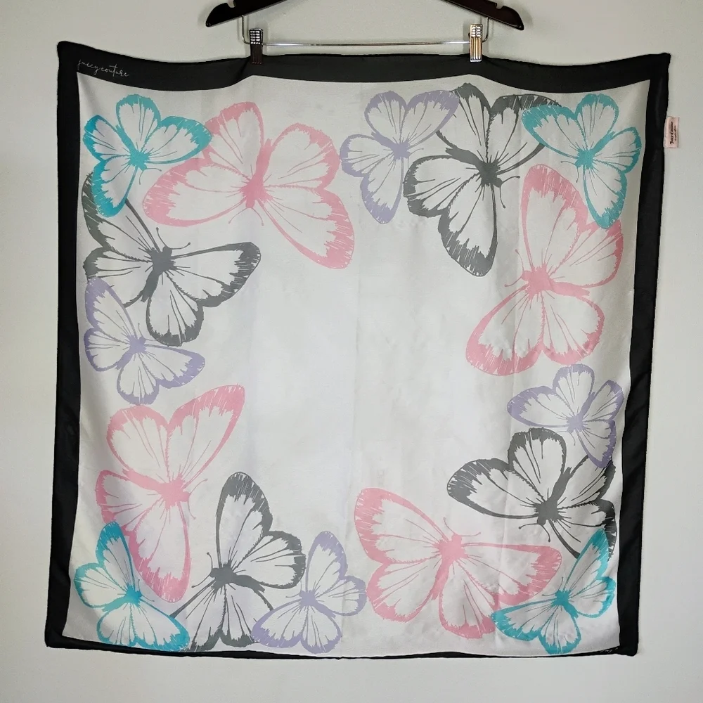 Juicy Couture Butterfly Scarf White Pink Purple Y2K Feminine Whimsical‎ Silk